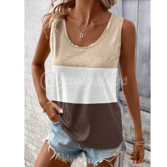 Colorblock Stripe Brown / White Tank Top Gold Piping Trim - Picture 4 of 7